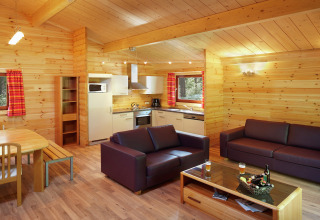Bright, cozy living space in The Forest Hut chalet in Belgium, featuring wood decor and open kitchen.