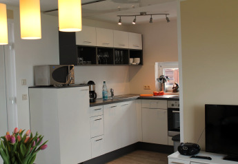 Moderne keuken en woonkamer in lodge ‘On the Beach’ in Duitsland, compleet met apparatuur.