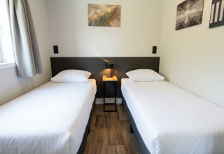Tweepersoonskamer met twee eenpersoonsbedden, wit beddengoed en kunst aan de muur in Hackfort 4, Nederland.