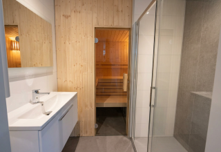 Moderne badkamer met wastafel, glazen douche en toegang tot een sauna in een lodge op De Utrechtse Heuvelrug.