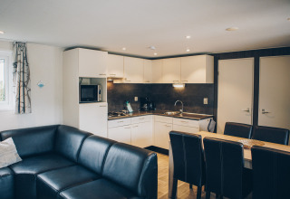 Modern open-plan lounge and kitchen in Dune Lodge, Duinhoeve, Netherlands, with black sofa and dining set.