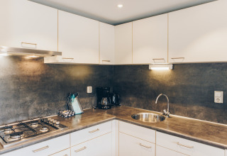 Modern kitchen at Dune Lodge in Duinhoeve, Netherlands, featuring stove, sink, and coffee maker.