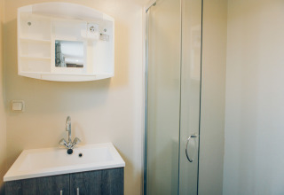 Bathroom at Dune Lodge in Duinhoeve, Netherlands, featuring a sink, mirror cabinet, and glass shower.