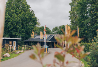Entrance to Dune Lodge at Duinhoeve, Netherlands, with trees and yellow flags on a cloudy day.