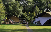Safarizelte auf Camping De Rammelbeek in den Niederlanden, Kinder spielen im Grünen unter Bäumen.