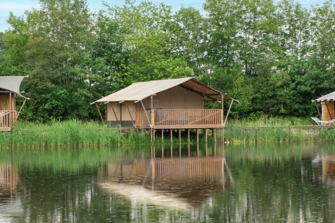 Safari-Zelt auf dem Campingplatz De Rammelbeek in den Niederlanden, auf Stelzen am ruhigen See im Grünen.