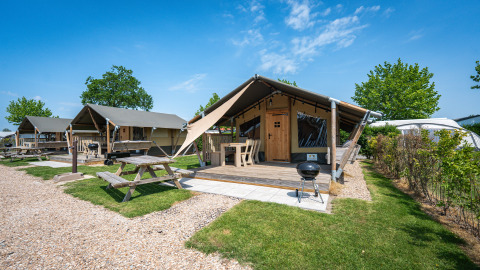 Tenda safari 'Compact' al Camping de Molenhoek, Paesi Bassi, con veranda, barbecue e panchine esterne.
