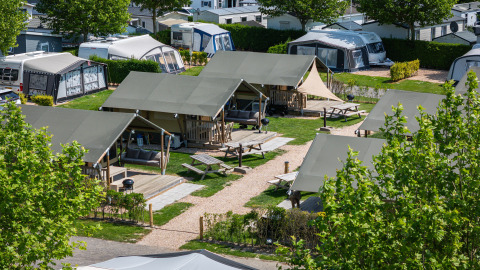 Safaritent Compact op Camping de Molenhoek in Nederland, met groen, zitplaatsen en caravans rondom.