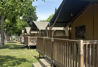 File di tende safari con terrazze in legno al Camping Gasparina in Italia, circondate da alberi verdi.