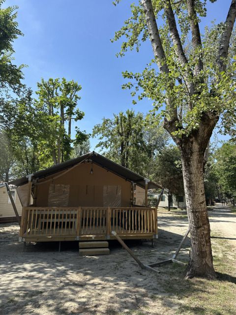 Safari-Zelt 'Outback' auf dem Camping Spina Family Collection in Italien, umgeben von Bäumen und Sonnenschein.