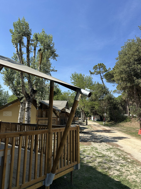 Safari-Zelt 'Outback' im Camping Spina Family Collection in Italien mit Bäumen und blauem Himmel.