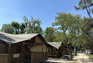 Tende safari al Camping Spina Family Collection in Italia con tavoli da picnic e cielo sereno.