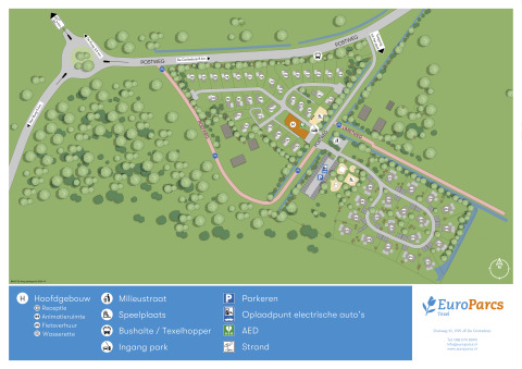 Map of EuroParcs Texel with marked amenities including reception, playgrounds, parking, and nature trails.