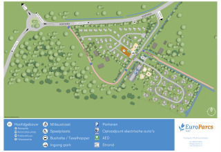 Map of EuroParcs Texel with marked amenities including reception, playgrounds, parking, and nature trails.
