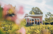 Valleichalet tiny house bij Holiday park Ackersate in Nederland, omgeven door groen en bloemen in de zon.
