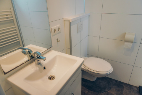 Baño moderno y compacto con lavabo, espejo y inodoro de pared en una tiny house de Valleichalet, Países Bajos.