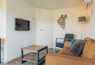 Moderne stue i tiny house Valleichalet på Holiday park Ackersate, Nederlandene, med sofa og vægkunst.