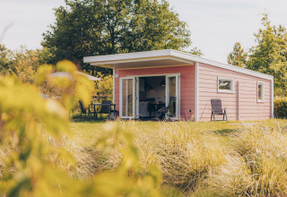 Tiny house Valleichalet in vakantiepark Ackersate, Nederland, met grasveld en tuinmeubilair buiten.