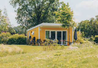A yellow tiny house called 'Valleichalet' at Holiday park Ackersate, Netherlands, surrounded by lush greenery.