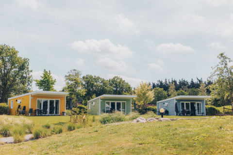 Colorful Valleichalet tiny houses at Holiday park Ackersate in the Netherlands, surrounded by greenery.