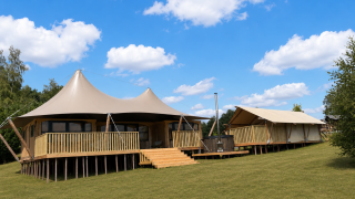 Safari tent Glamfield Lodge Deluxe met hot tub en houten terras in een ruim, groen landschap.