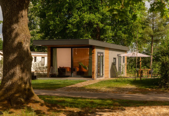 Moderne tiny cabin bij Holiday Park Mölke in Nederland, omringd door bomen en een knus terras buiten.