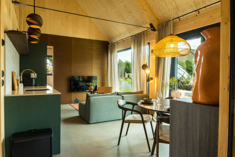 Interior de lodge moderno con techos de madera, cocina elegante y ventanas grandes en Unbrick One | Sauna, Brinckerduyn, Países Bajos.