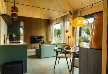 Modern lodge interior with wood ceiling, stylish kitchen and large windows at Unbrick One | Sauna, Brinckerduyn, Netherlands.