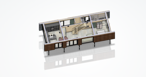 3D floor plan of Unbrick One lodge at Brinckerduyn, Netherlands, showing interior with sauna and pool.