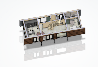 3D-grondplan van Unbrick One lodge in Brinckerduyn, Nederland, met sauna en zwembad te zien.