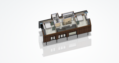 Plano de planta 3D de la lodge Unbrick One | Sauna y piscina en Brinckerduyn, Países Bajos, de interior moderno.
