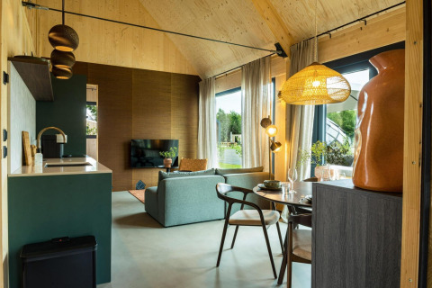Interior moderno de lodge en Unbrick One | Sauna y piscina en Brinckerduyn, Países Bajos, con luz natural.
