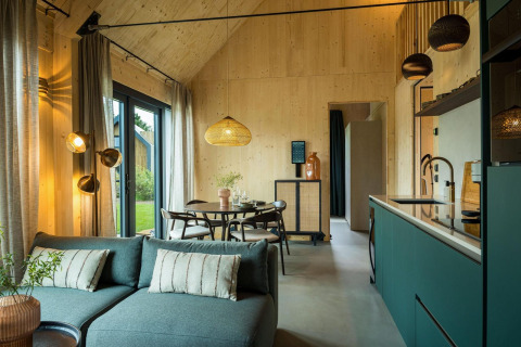Vista interior de un lodge moderno en Unbrick One | Sauna y Piscina, Brinckerduyn, Países Bajos, con cocina y sala.