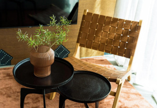 Moderne loungehjørne med flettet læderstol, sorte runde borde og vase med grønne grene i Unbrick One.