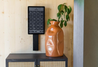 Un panel de control negro Unbrick montado en la pared cerca de un jarrón naranja y una planta verde en Brinckerduyn.