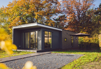 Moderne tiny house met grote ramen, omringd door herfstbomen en een buitenterras met parasol.