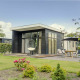 Moderne lodge med store vinduer, terrasse og udendørs siddepladser i Vakantiepark Hölte, Holland.