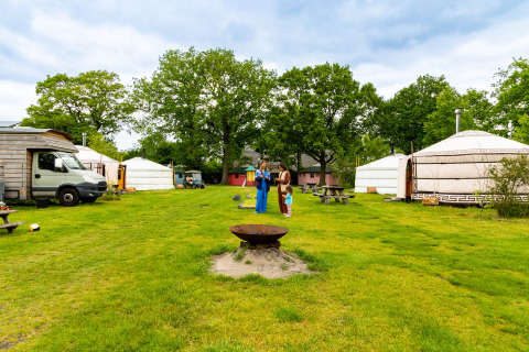 Gezellige vakantiepark Zomerlicht in Overijssel met yurts, picknicktafels en mensen op een grasveld.