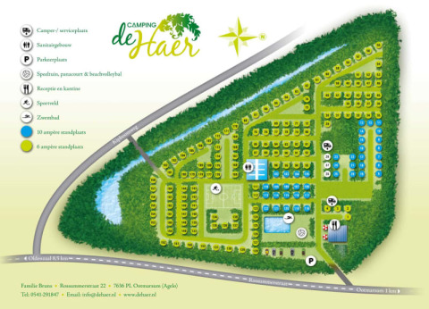 Kaart van Camping de Haer in Nederland met staanplaatsen, zwembad, sportveld en voorzieningen.