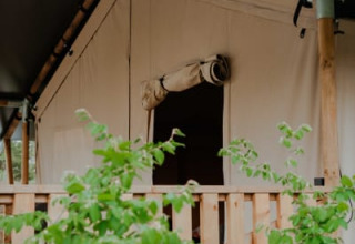 Tienda safari con terraza de madera y sanitarios privados en Camping de Haer, Países Bajos, rodeado de hojas.