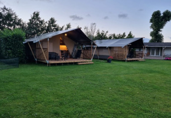 Two safari tents with private decks at Camping de Tulpenweide in the Netherlands, set on a green lawn.
