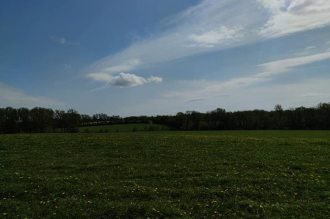 Campo verde y árboles bajo un cielo azul en la Safari tent en Glamping des 2 Marguerites, Francia.