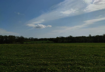 Vista su un prato verde e alberi sotto un cielo azzurro presso la Safari tent al Glamping des 2 Marguerites, Francia.