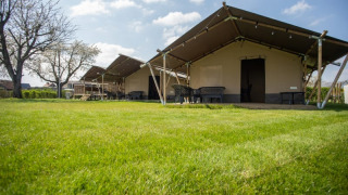 Safari tents positioned on a green lawn under a blue sky with scattered clouds and trees in the background.