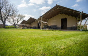 Safari tents positioned on a green lawn under a blue sky with scattered clouds and trees in the background.