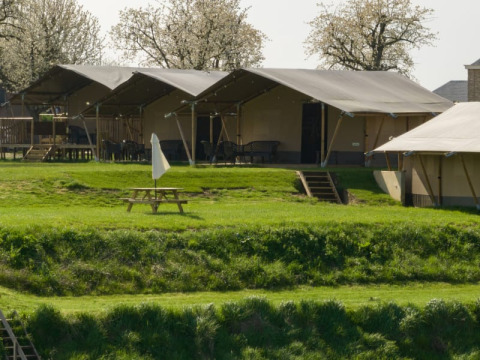 Tienda safari en Camping de Boomgaard, Bélgica, rodeada de césped verde y área de descanso exterior.