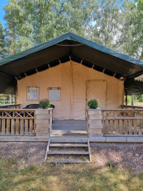 Tienda safari con terraza y escalera de madera, situada entre árboles, ideal para glamping en la naturaleza.