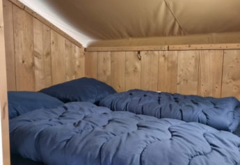 Vista interna di un letto accogliente con biancheria blu in una tenda safari al Camping het Horstmannsbos, Paesi Bassi.