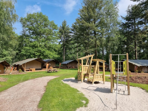 Tende safari con bagno privato al Camping het Horstmannsbos nei Paesi Bassi, parco giochi in vista.