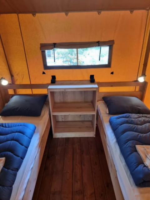 Indretning af safari telt på Camping het Horstmannsbos, Holland, med to enkeltsenge og trægulv.